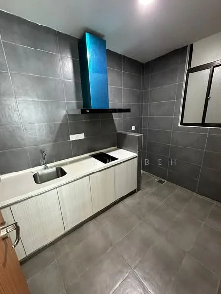 Kitchen features: single-bowl stainless-steel sink, chrome pull-down faucet, white cabinetry, black countertop, grey ceramic tile backsplash, grey tiled flooring, blue extractor hood, wall-mounted shelf, window with black frame; style: modern.