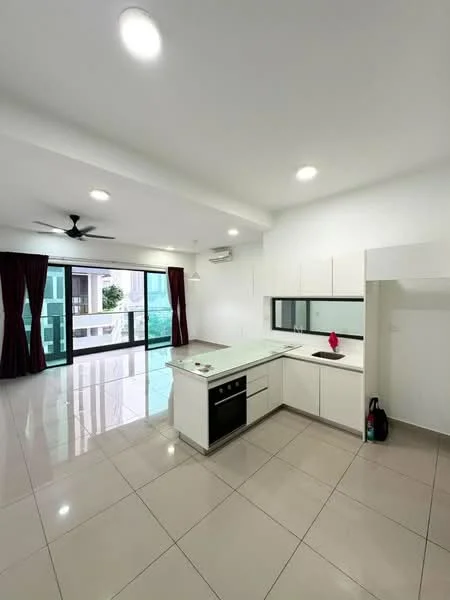 Kitchen features: white cabinetry, marble countertop, built-in oven, stainless-steel sink, chrome pull-down faucet, 4-burner gas hob, recessed downlights, pendant light, open shelving, floor-to-ceiling windows, sliding glass door, grey tiled flooring, ceiling fan; style: modern; view: garden. Living features: grey tiled flooring, floor-to-ceiling windows, sliding glass door, recessed downlights, ceiling fan, curtains, open layout; style: modern; view: garden.