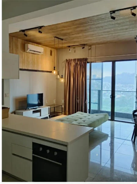 Living features: floor-to-ceiling windows, sliding glass door, cream painted walls, wood panelled ceiling, recessed downlights, 3 pendant lights, wall-mounted TV, white sofa, glass coffee table, curtains, air conditioning unit, tile flooring; style: modern; view: city. Kitchen features: white cabinetry, stainless-steel sink, built-in oven, 4-burner gas hob, countertop with breakfast bar; style: modern.