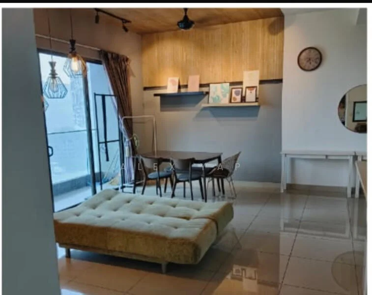 Living features: sofa in cream upholstery, wooden dining table, 4 wooden dining chairs, pendant lighting fixtures, wooden ceiling, grey accent wall, floor-to-ceiling windows, sliding glass door, curtains in brown, wall-mounted clock, decorative wall shelves, tile flooring, area rug; style: modern; view: city.
