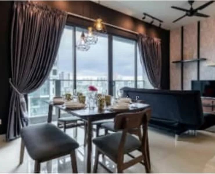 Dining features: 6-seater dining table, wooden dining chairs, black curtains, floor-to-ceiling windows, city view, chandelier, black accent wall, light-colored flooring, sofa in black, TV console, wall-mounted TV; style: modern; view: city.