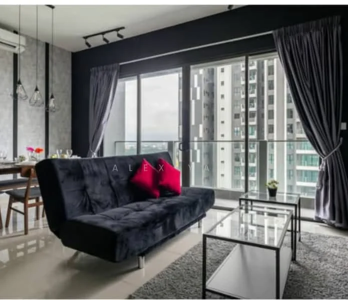 Living features: black fabric sofa, red accent pillows, glass coffee table, area rug, floor-to-ceiling windows, sliding glass door, sheer curtains, blackout curtains, contemporary lighting fixtures, decorative plant; style: modern; view: city.