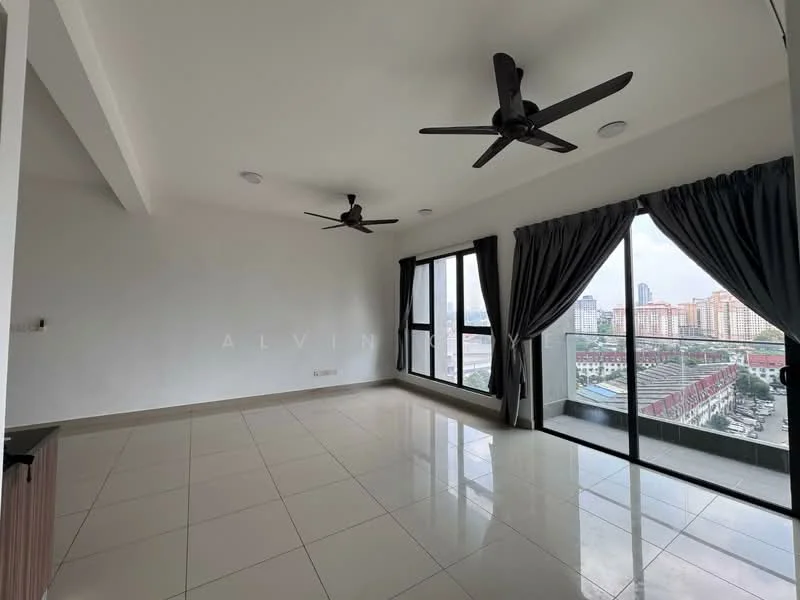Living features: white painted walls, glossy ceramic tile flooring, 2 ceiling fans, floor-to-ceiling windows, blackout curtains, city view, recessed downlights; style: modern; view: city.