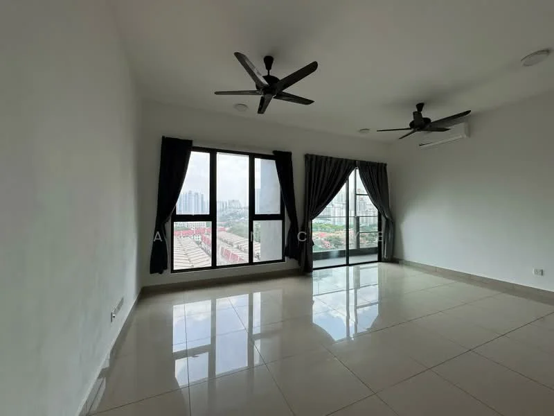 Living features: white painted walls, glossy ceramic tile flooring, 2 ceiling fans, floor-to-ceiling windows, sliding glass door, blackout curtains, city view, recessed downlights; style: modern; view: city.