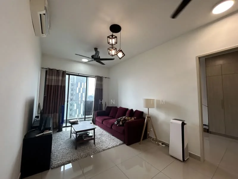Living features: 3-seater fabric sofa in burgundy, coffee table, TV console, wall-mounted TV, area rug, 5-blade ceiling fan with light, recessed downlights, floor-to-ceiling windows, sliding glass door, curtains, white painted walls, glossy tile flooring, air conditioning unit; style: modern; view: city.