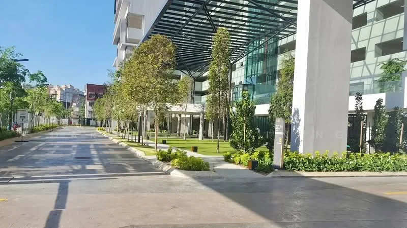 Exterior type: high-rise condominium; features: glass curtain wall, manicured lawn, mature trees, paved walkway, covered walkway, landscaped garden, modern architectural design; style: modern.