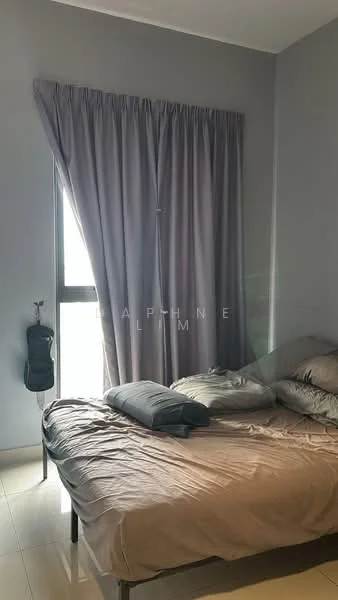 Bedroom features: grey painted walls, floor-to-ceiling window, sheer curtains, queen-size bed with beige bedding, two decorative pillows, bedside table, laminate flooring, wall-mounted guitar holder; style: modern; view: city.