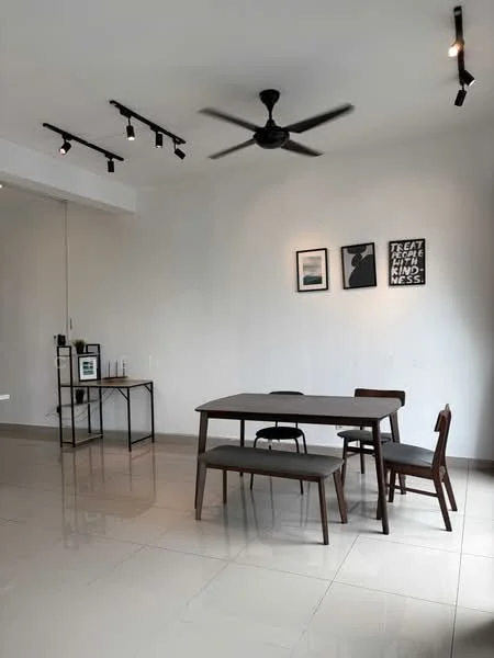 Dining features: rectangular dining table, 4 wooden dining chairs, 5-blade ceiling fan, recessed LED downlights, white painted walls, glossy ceramic tile flooring, framed artwork on walls, decorative wall art; style: modern.