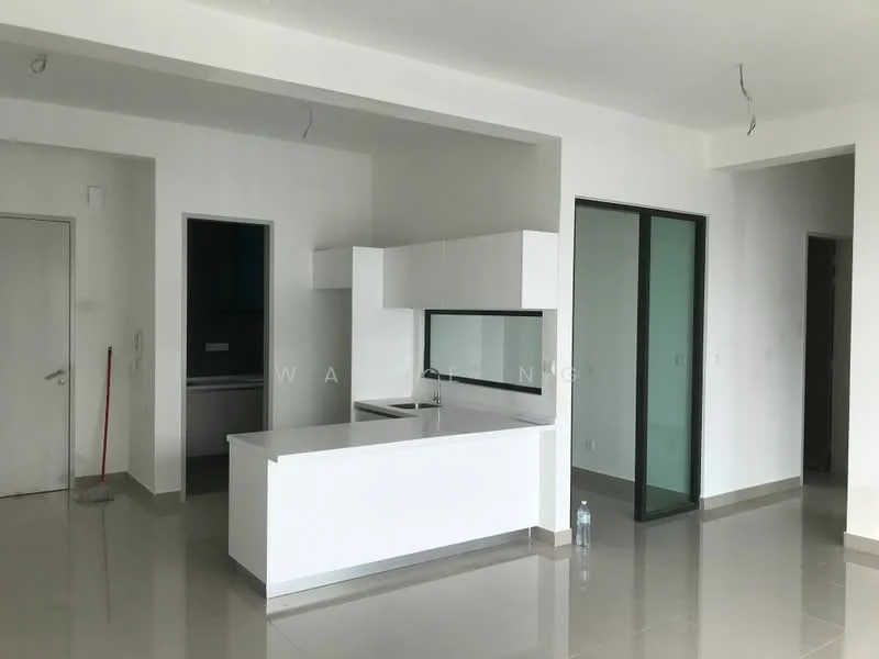 Kitchen features: white cabinetry, grey countertop, stainless-steel sink, built-in kitchen island, open layout, ceramic tile flooring, recessed downlights, floor-to-ceiling glass door, wall-mounted cabinets; style: modern. Room features: white painted walls, grey ceramic tile flooring, open space layout.