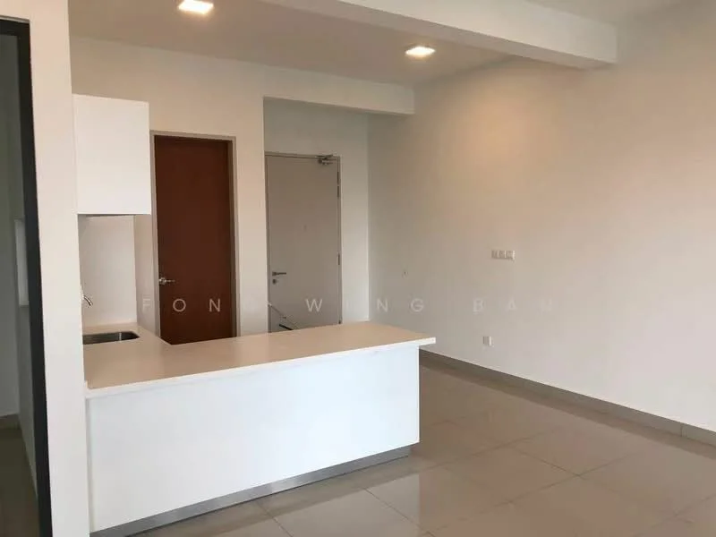 Kitchen features: white cabinetry, white countertop, stainless-steel sink, single-bowl sink, open layout, tile flooring, recessed downlights, neutral wall color, kitchen island, wall-mounted cabinets; style: modern.