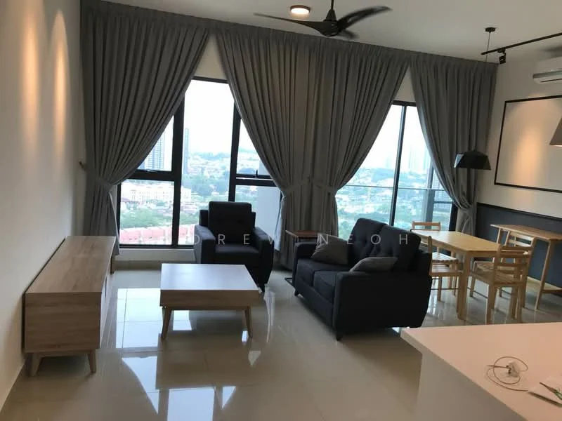 Living features: floor-to-ceiling windows, grey fabric sofa, 2-seater black sofa, wooden coffee table, wooden dining table, 4 wooden dining chairs, ceiling fan, curtains, light-colored tiled flooring, wall-mounted air conditioning unit, decorative wall art; style: modern; view: city.