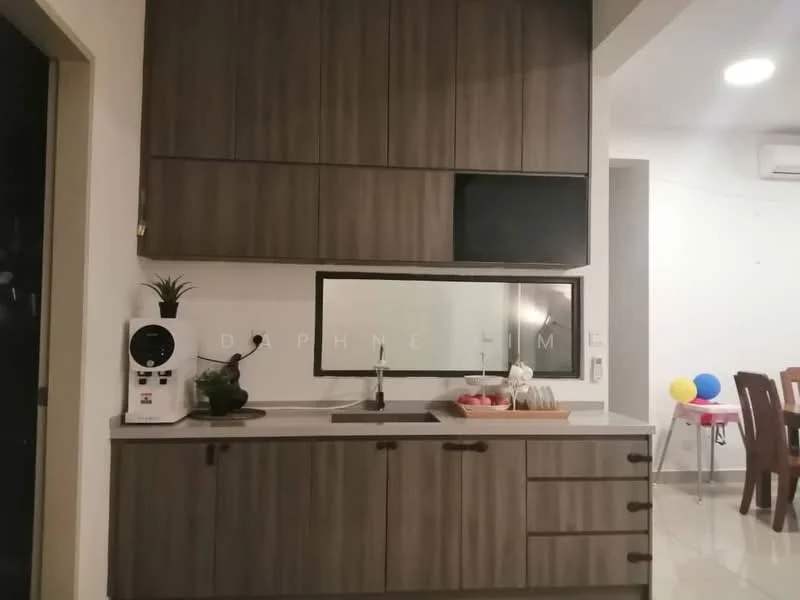 Kitchen features: brown wooden cabinetry, white countertop, single-bowl stainless-steel sink, chrome pull-down faucet, built-in microwave, recessed downlights, wall-mounted air conditioning unit, tile flooring, decorative plant, window with view to living area; style: modern.