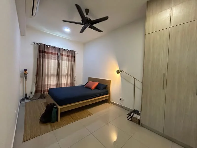Bedroom features: queen-size bed with blue bedding, wooden bed frame, upholstered headboard, 2 bedside lamps, built-in wardrobe with wood finish, floor-to-ceiling window with sheer curtains, ceiling fan with 5 blades, light-colored walls, tile flooring, area rug, decorative throw pillow, wall-mounted reading light; style: modern.