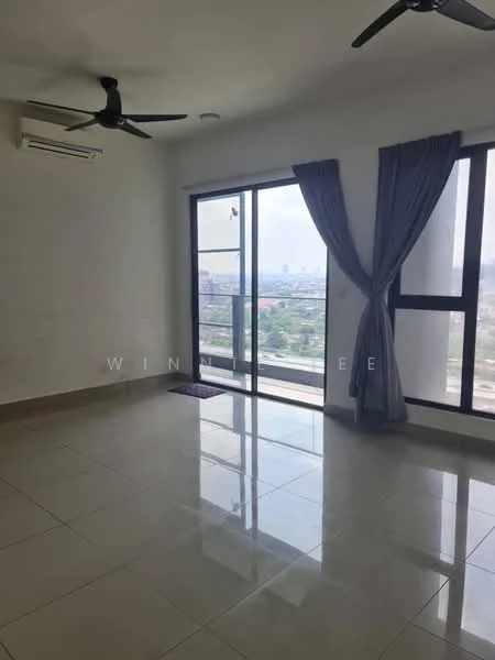 Living features: floor-to-ceiling windows, grey curtains, 2 ceiling fans, white painted walls, glossy tile flooring, air conditioning unit, city view; style: modern; view: city.