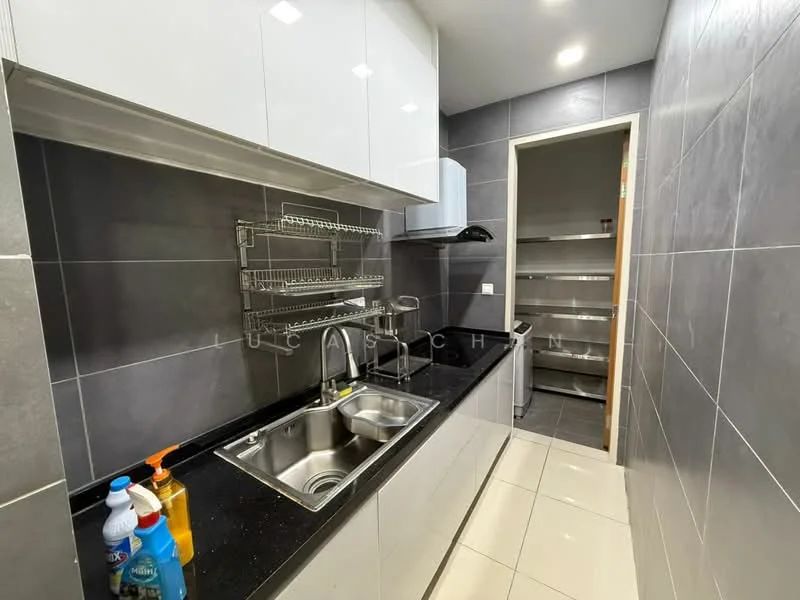 Kitchen features: black granite countertop, white glossy cabinets, double-bowl stainless-steel sink, chrome pull-down faucet, wall-mounted shelving, grey ceramic tile backsplash, white wall-mounted hood, built-in pantry with shelves, white tiled flooring, recessed lighting; style: modern.