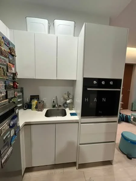 Kitchen features: white cabinetry, single-bowl stainless-steel sink, chrome pull-down faucet, built-in oven, freestanding fridge, countertop with integrated backsplash, tile flooring, under-cabinet lighting; style: modern.