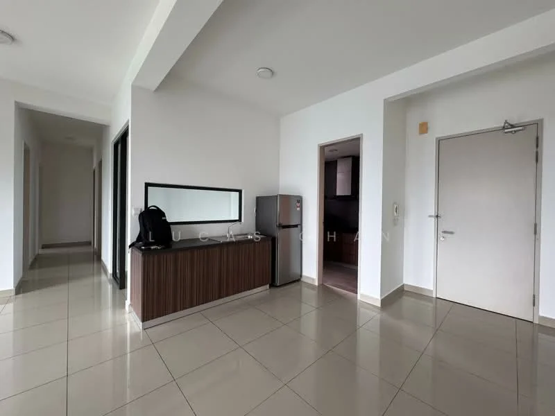 Room features: white painted walls, glossy ceramic tile flooring, recessed downlights, mirror on wall, dark wood console table, black backpack on table, stainless-steel fridge, door leading to another room, open hallway, neutral color scheme; style: modern.