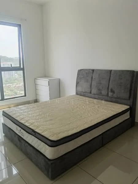 Bedroom features: queen-size bed, upholstered headboard, white walls, large window with city view, grey fabric bed frame, glossy tile flooring, nightstand, mattress without bedding; style: modern; view: city.