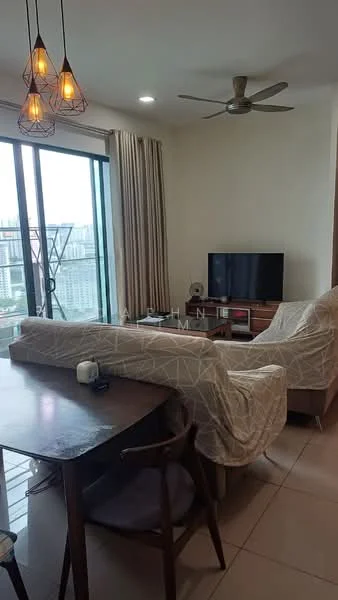 Living features: 3-seater sofa covered with throw, wooden coffee table, wall-mounted TV, ceiling fan, floor-to-ceiling windows, curtains, tile flooring, decorative pendant lights; style: modern; view: city. Dining features: dining table, wooden dining chairs; style: modern; view: city.