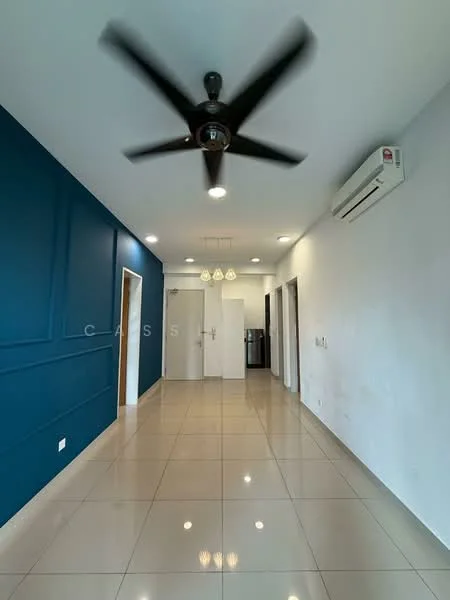 Living features: blue accent wall, white painted walls, glossy tile flooring, 5-blade ceiling fan with light, recessed downlights, air conditioning unit, doorway leading to other rooms, kitchen visible in the background; style: modern.