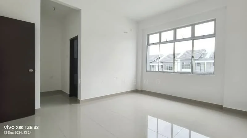 Room features: white painted walls, glossy ceramic tile flooring, large windows with multiple panes, neutral color scheme, no visible furniture, corner room, doorway leading to another room, natural light from windows; style: modern.