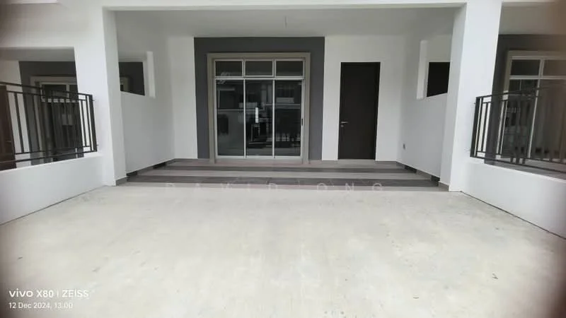 Exterior features: covered porch area, glass sliding doors, white painted facade, grey accent wall, concrete flooring, metal railings, two recessed balconies, modern architectural design; style: modern.