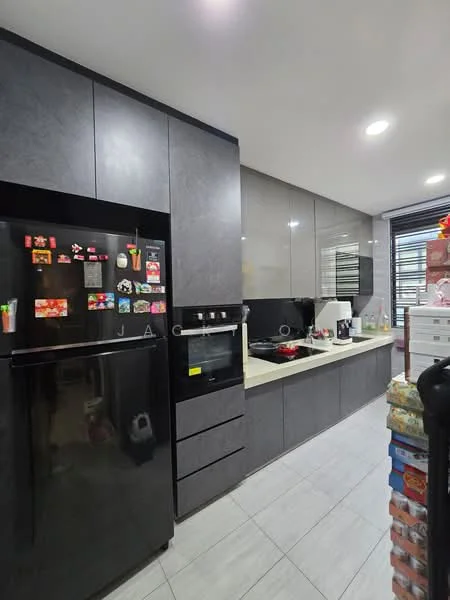 Kitchen features: black refrigerator, built-in oven, grey cabinetry, white countertop, ceramic tile flooring, wall-mounted cabinets, open shelving, stainless-steel sink, chrome faucet, decorative magnets on refrigerator, kitchen appliances visible, window with blinds; style: modern.