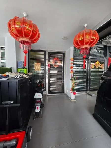 Room features: grey tiled flooring, black storage cabinet, decorative red lanterns, glass door with horizontal slats, potted plant, wall-mounted decorations, motorized scooter, white planter, wall with vertical slats; style: modern.