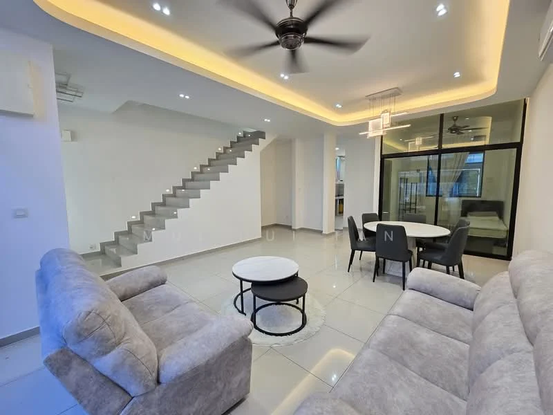 Living features: grey fabric 3-seater sofa, grey fabric 2-seater sofa, round coffee table with black base, white tiled flooring, recessed downlights, 5-blade ceiling fan, crown moulding, large glass sliding door, open-plan layout, decorative wall with stairs; style: modern. Dining features: round dining table, 4 upholstered dining chairs, white tiled flooring; style: modern.