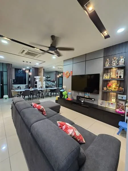 Living features: 3-seater fabric sofa in grey, decorative cushions with floral pattern, wall-mounted TV, TV console in black, recessed lighting, 5-blade ceiling fan, tile flooring, decorative shelving unit with figurines, open layout to dining area, large windows with sheer curtains; style: modern; view: city. Dining features: 6-seater dining table, black dining chairs, pendant lighting above dining table, open layout to living area, tile flooring; style: modern; view: city.