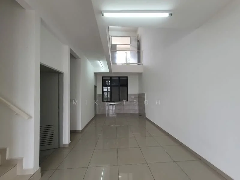 Room features: white painted walls, glossy tile flooring, large windows, high ceiling, fluorescent lighting, staircase, open layout, neutral color scheme; style: modern.