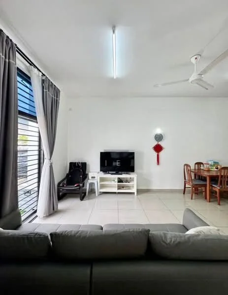 Living features: grey fabric sofa, wall-mounted TV, white TV console, dining table with chairs, ceiling fan, large windows with sheer curtains, tiled flooring, decorative wall hanging, light fixture on ceiling; style: modern.
