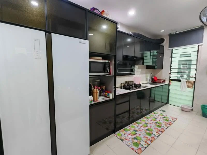 Kitchen features: black cabinetry with glass fronts, white refrigerator, built-in microwave, stainless-steel sink, chrome pull-down faucet, black countertop, ceramic tile flooring, decorative area rug with floral pattern, wall-mounted shelving, window with security grille, kitchen appliances on countertop; style: modern.
