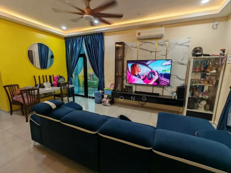 Living features: blue fabric sectional sofa, 5-blade ceiling fan with light, flat-screen TV mounted on wall, TV console with decorative items, round wall mirror, dining table with 6 wooden chairs, sliding glass door leading to balcony, curtains in blue fabric, cream painted walls, tile flooring, recessed ceiling lights; style: modern; view: garden.