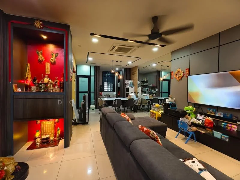 Living features: grey fabric sofa, coffee table, wall-mounted TV, entertainment unit, decorative wall with red accents, ceiling fan, recessed downlights, tiles flooring, decorative items on shelves, wall art, open layout to dining area, black accent wall; style: modern.