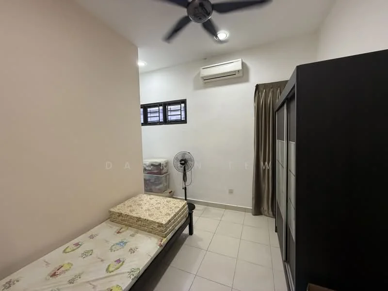 Bedroom features: single bed, mattress on bed frame, white walls, ceiling fan, wall-mounted split AC, tile flooring, window with blinds, built-in wardrobe with glass doors, decorative curtain.