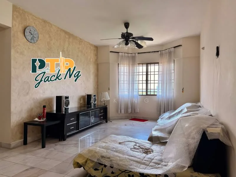Living features: cream painted walls, marble tile flooring, 5-blade ceiling fan with light, floor-to-ceiling windows, sheer curtains, black TV console, black coffee table, two-seater sofa covered with protective sheets, decorative wall clock; style: modern.