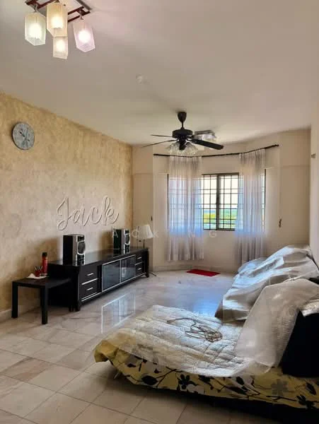 Living features: cream painted walls, marble tile flooring, 5-blade ceiling fan with light, wall clock, floor-to-ceiling windows, sheer curtains, black TV console, 2-seater sofa, decorative wall art, area rug; style: modern.