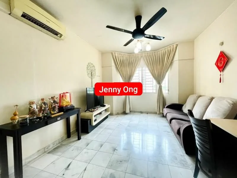 Living features: marble tile flooring, white painted walls, 5-blade ceiling fan with light, wall-mounted air conditioning unit, large window with sheer curtains, sofa in dark fabric, TV console with storage, decorative wall art, coffee table, decorative figurines on table; style: modern.