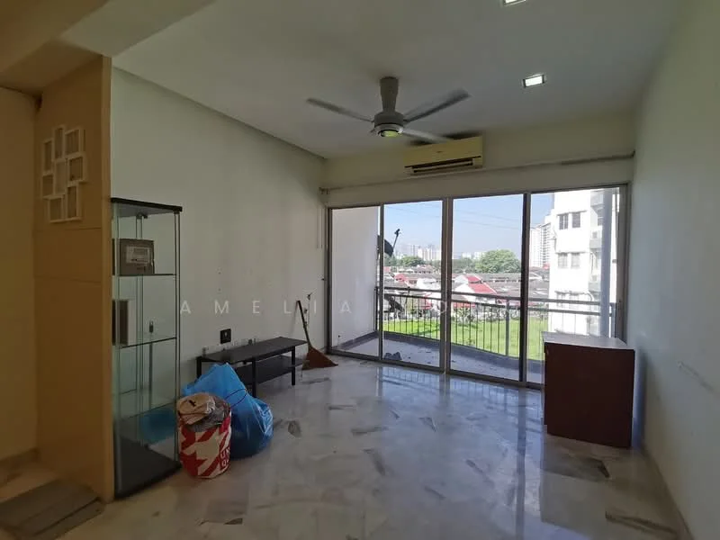 Living features: marble flooring, white painted walls, 5-blade ceiling fan with light, floor-to-ceiling windows, sliding glass door, glass display cabinet, wooden side table, blue storage bag, view of outdoor space; style: modern; view: garden.