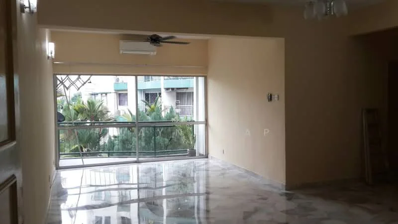 Living features: marble flooring, cream painted walls, 5-blade ceiling fan with light, floor-to-ceiling windows, sliding glass door, curtains, air conditioning unit, decorative wall sconce; style: modern; view: garden.