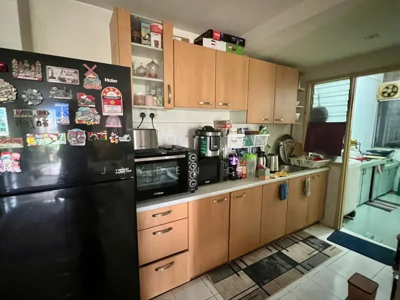 Kitchen features: black refrigerator, wood cabinetry, white countertop, microwave, coffee machine, toaster, kettle, sink, ceramic tile flooring, wall-mounted cabinets, open shelving, window with sheer curtains, decorative magnets on fridge, dish rack, stainless-steel microwave; style: modern.