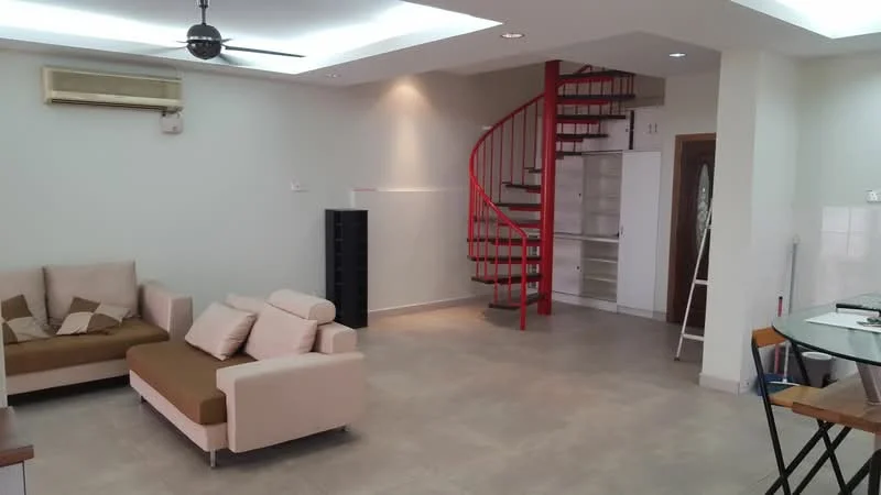 Living features: 3-seater fabric sofa in beige, 2-seater fabric sofa in brown, ceiling fan, wall-mounted split AC, recessed downlights, tile flooring, spiral staircase, open layout, dining table with chairs, built-in shelving unit, neutral painted walls; style: modern.