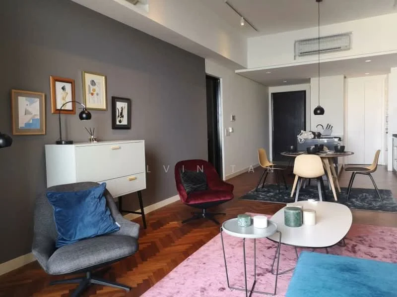 Living features: grey accent wall, cream painted walls, parquet wood flooring, 5-blade ceiling fan, recessed downlights, framed artwork, decorative mirror, area rug with geometric pattern, 2-seater fabric sofa in grey, 1-seater armchair in burgundy, 1-seater armchair in grey, coffee table, sideboard with drawers, dining area visible in background; style: modern.