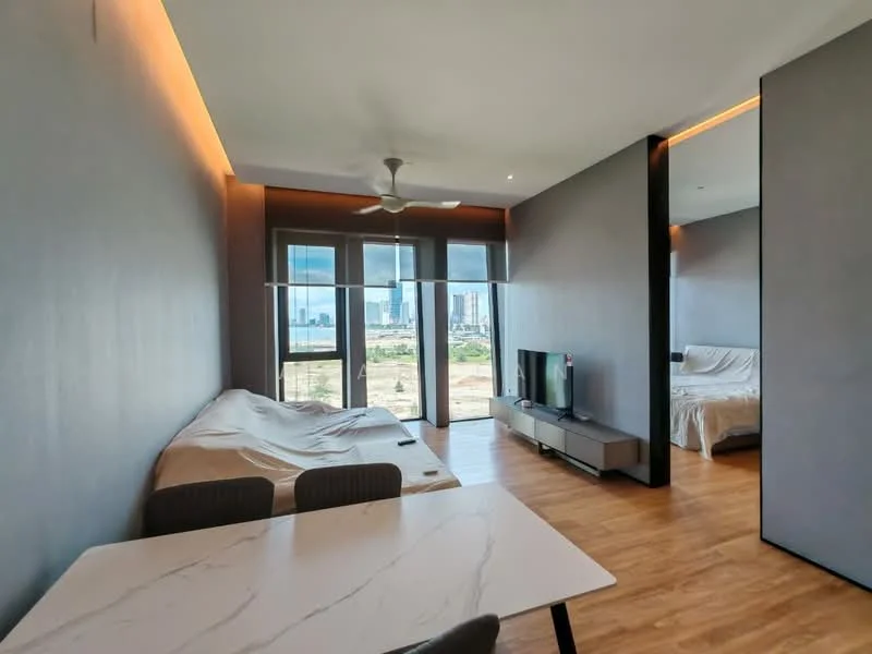 Living features: grey painted walls, wooden flooring, 5-blade ceiling fan with light, sofa covered with protective cover, TV console, wall-mounted TV, large windows with city view, recessed LED lighting; style: modern; view: city. Room features: bed covered with protective cover, grey painted walls, wooden flooring.
