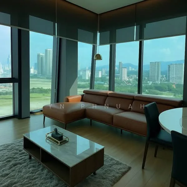 Living features: L-shape sectional sofa in brown leather, coffee table with marble top, area rug with soft texture, floor-to-ceiling windows, city skyline view, pendant lamp, wooden flooring, roller blinds; style: modern; view: city.