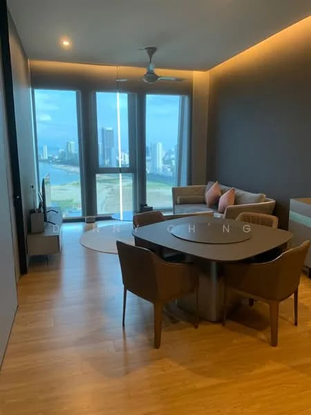 Dining features: round dining table, upholstered dining chairs, 3-seater fabric sofa in beige, floor-to-ceiling windows, city view, wooden flooring, ceiling fan, decorative cushions; style: modern; view: city.