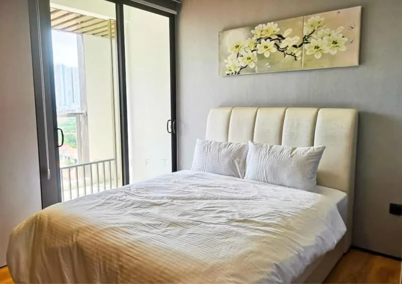 Bedroom features: king-size bed, upholstered headboard, white bedding, floor-to-ceiling windows, sliding glass door, wooden flooring, decorative wall art with floral design, balcony access, natural light, curtains; style: modern; view: city.