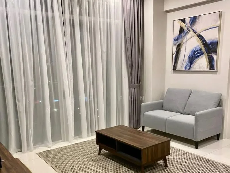 Living features: light grey fabric 2-seater sofa, wood coffee table with storage, area rug with geometric pattern, floor-to-ceiling windows, sheer white curtains, grey curtains, framed abstract artwork, white painted walls, glossy tile flooring; style: modern; view: city.