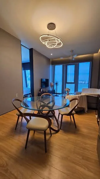 Dining features: round glass dining table, 4 dining chairs with cream upholstery, pendant light fixture, wall-mounted TV, floor-to-ceiling windows, light wood flooring, neutral painted walls, ceiling fan; style: modern; view: city.